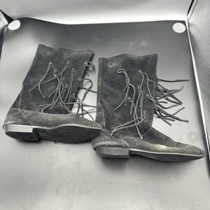 Vintage 80s Black Suede Fringe Boots Womens 8 Rock Concert Boho Native America